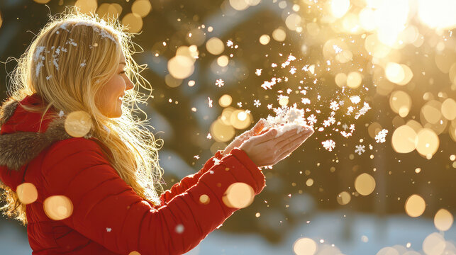 Joyful winter scene featuring woman with long blonde hair, wearing red coat, playfully catching snowflakes her hands. warm sunlight creates