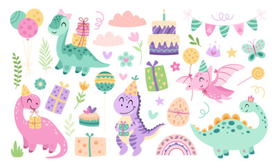 Fototapeta premium Birthday Girl Clipart Set with Festive Dinosaurs, Cake, Gifts, Balloons. Colorful Kids Party Decor. Cartoon Hand Drawn Vector Illustrations.
