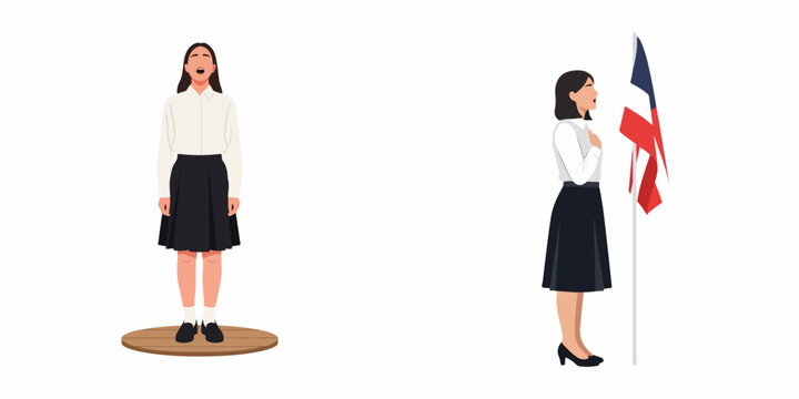 Flat illustration of schoolgirls in uniforms singing the national anthem and performing a patriotic ceremony with a flag on a white background.