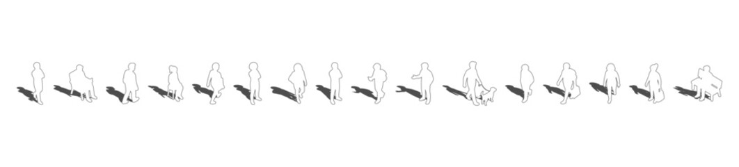A collection of Diverse top view outline vector People Walking, Sitting, Standing with gray shadows underneath, useful for realistic architectural plans. Overhead perspective characters illustration © MkJutt