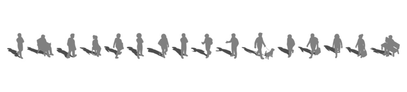A collection of Diverse top view silhouette vector People Walking, Sitting, Standing with gray shadows underneath, useful for realistic architectural plans. Overhead perspective illustration