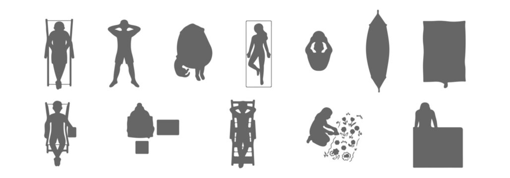 Top view people relaxing at home and outdoors silhouette set, sleeping, resting, gardening, reading, bathing, lounging in chair, bed, hammock and pool float vector collection