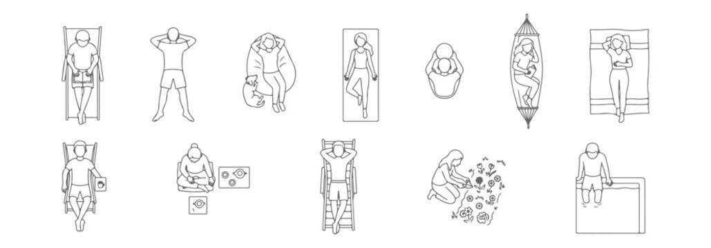 Top view people relaxing at home and outdoors set, sleeping, resting, gardening, reading, bathing, lounging in chair, bed, hammock and pool float, clean line art vector collection