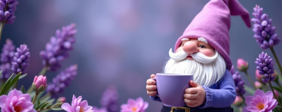 Purple lavender gnome, holding mug, floral background , purple, folklore, stock photo