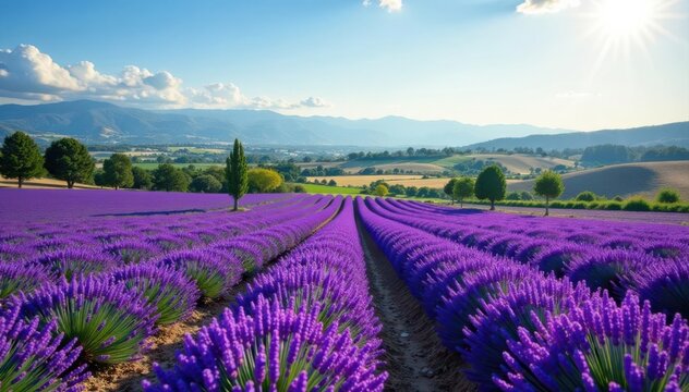 Purple lavender rows meet almond trees, Valensole Plateau sunlit fields , flowers, plants