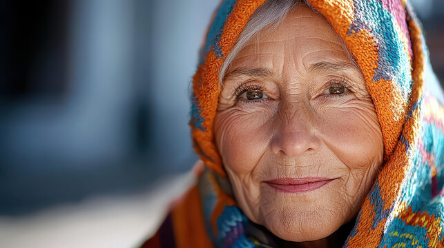 Portrait of wise old woman with colorful scarf, showcasing her gentle smile and expressive eyes, radiating warmth and wisdom