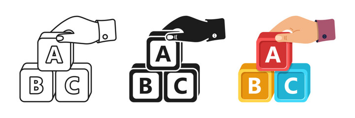 Hand holding alphabet ABC blocks icon silhouette in flat style. Child education vector illustration on isolated background. Elementary school sign set collection business concept. © Lysenko.A