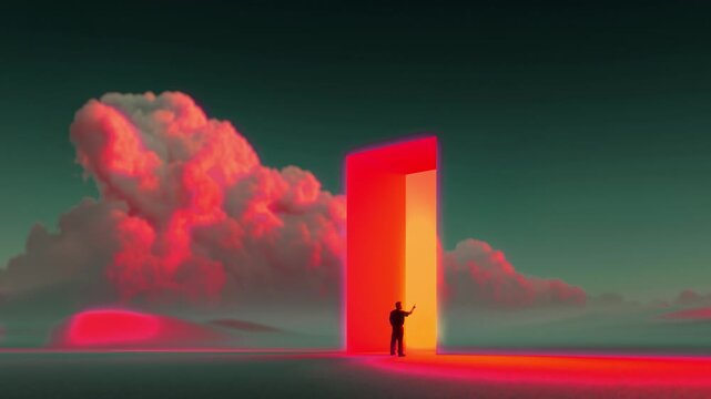 Man standing near glowing open door in surreal landscape. Concept of entering digital environments, immersive spaces, virtual transition, future interfaces and new technology driven opportunities.