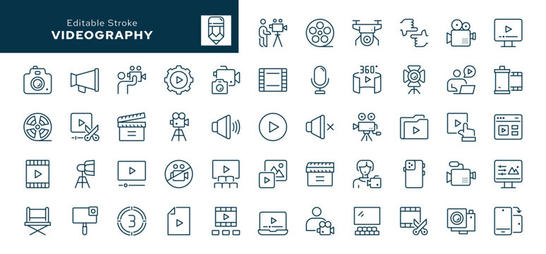 Videography. Set of outline icons. Video, videographer, cameraman, filming, editing, videotape, film, camcorder, camera, shotting, movie, clapperboard, cinema. Line icon in linear style. Vector collec