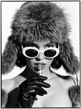 Verspieltes Schwarz-Wei&szlig;-Modeportr&auml;t einer Frau mit gro&szlig;er Fellm&uuml;tze, wei&szlig;er Sonnenbrille und Lolli