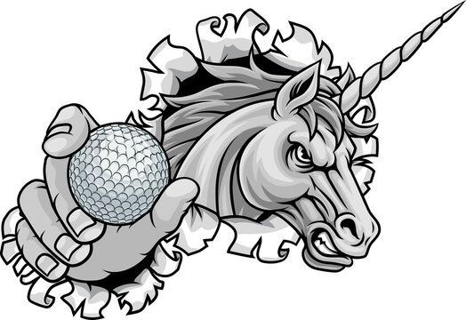 Unicorn horse stallion angry golf sports team mascot holding a ball.