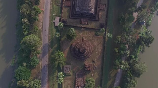 Aerial view of Wat Phra Si Rattana Mahathat Chaliang at Si Satchanalai Historical Park, Sukhothai, Thailand.