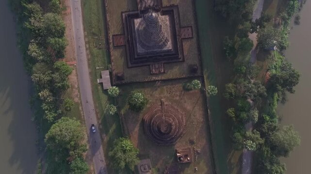 Aerial view of Wat Phra Si Rattana Mahathat Chaliang at Si Satchanalai Historical Park, Sukhothai, Thailand.