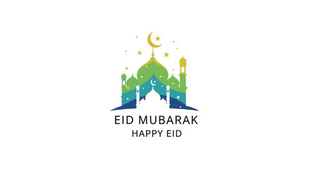 Fototapeta premium A colorful eid mubarak greeting featuring a mosque design with stars a crescent moon silhouette
