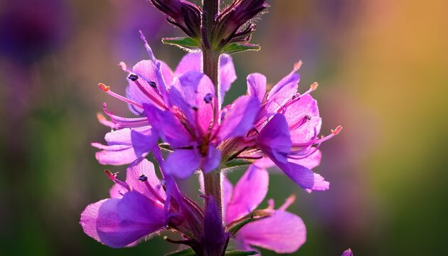 Macro Close Up Of Vibrant Purple Loosestrife Flowers Lythrum Salicaria Blooming On A Vertical Stem Detailed Petals And Stamens Highlighted By Warm Natural Sunlight With Soft Blurred Background And