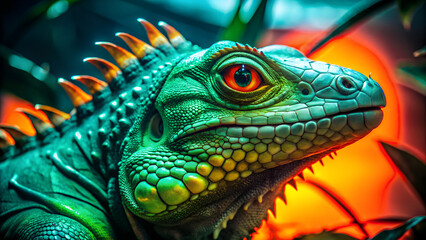 Fototapeta premium Close-up of green iguana with textured skin and bold colors. Exotic reptile concept ideal for nature photography, wildlife content, and educational use.