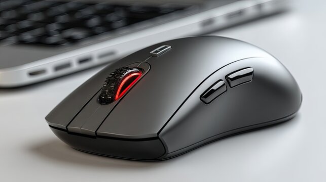Sleek Black Wireless Gaming Mouse Resting Next to Laptop on Desk