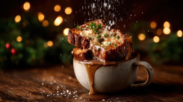 A unique serving of crusty bread drenched in savory gravy presented in an earthy mug, bringing comfort and warmth, perfect for chilly evenings and hearty appetites.