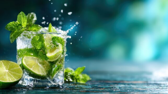 This vibrant image showcases a glass of fresh lime and mint infused water, capturing a refreshing moment as lime slices and mint leaves splash in the drink.