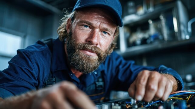 A skilled worker with a beard, focused on repairing equipment, showcases dedication and craftsmanship in a well-lit mechanical workshop setting surrounded by tools and machines.