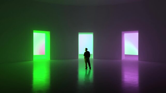 Business person choosing between multiple glowing doors in abstract space. Concept of digital environments, user pathways, interface selection, decision systems and virtual navigation.