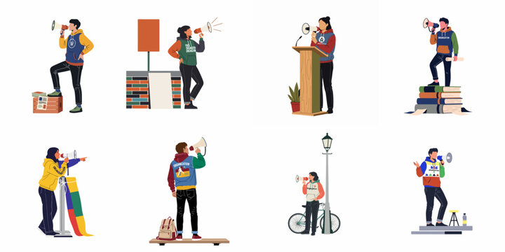 Collection of diverse young people using megaphones to advocate for causes, speak at rallies, and express themselves in various public settings.