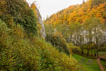 Obraz premium Autumn landscape with picturesque rocks in the forest. Nature of Poland