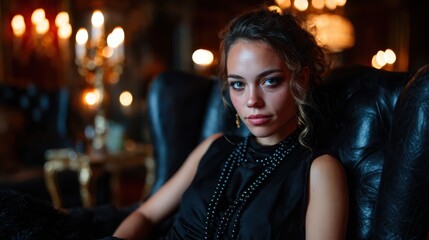 Fototapeta premium A captivating portrait of a young woman exuding elegance, featuring soft lighting and a refined backdrop that enhances her stylish attire and thoughtful expression.