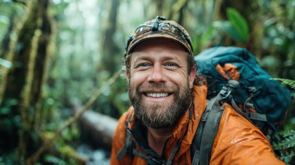Fototapeta premium A rugged outdoor enthusiast smiles broadly in a vibrant green forest, showcasing the thrill and joy of exploration and connection with nature in a lush landscape.