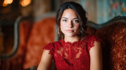 Fototapeta premium A striking young woman poses confidently in a stunning red dress, seated on a vintage ornate couch, exuding elegance and grace in a chic indoor setting.