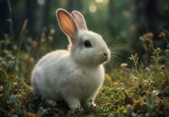 Fototapeta premium adorable white rabbit sitting in lush green meadow during golden hour light.