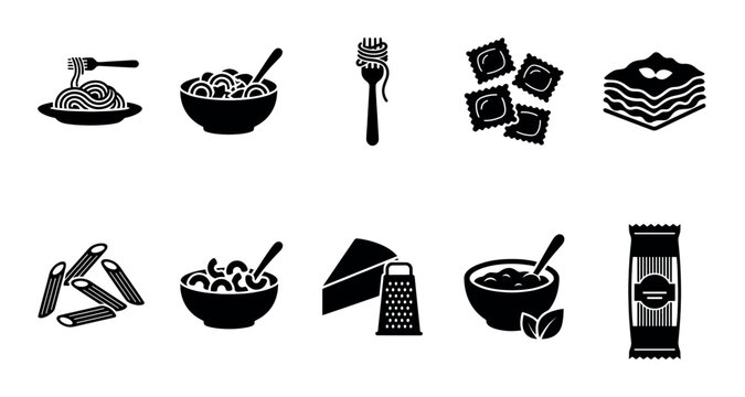 A collection of simple black and white icons representing various pasta dishes, ingredients, and cooking tools, perfect for websites or menus.