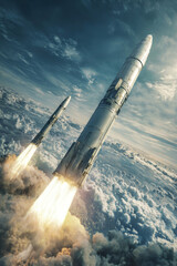Obraz premium Missiles are soaring into the sky in a display of military power while clouds drift below in a vibrant air battle. The scene captures motion and intensity