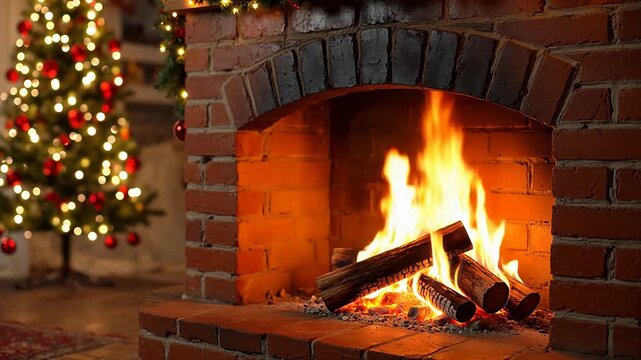Christmas fireplace with burning logs
