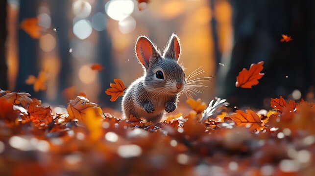 Whimsical autumn encounter: a cute bunny amidst the vibrant fall foliage