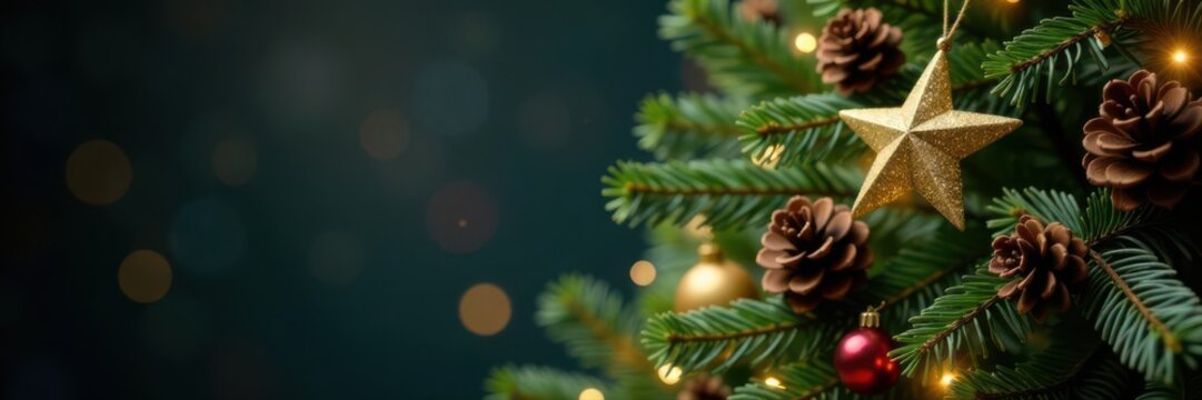 Tall Christmas tree adorned with glittering gold stars and natural pine cones , shimmer, stunning