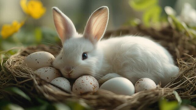 White rabbit lying in a birds nest with speckled eggs. Cute bunny resting among small eggs in natural grass. Easter animal concept for spring holiday spirit.