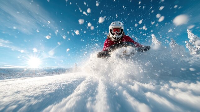 An excited snowmobiler races through pristine, powdery snow under a bright blue sky, capturing the thrill and exhilaration of winter sports in a breathtaking landscape.