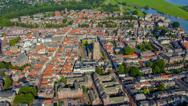 Aerial view beside the old town of the city Gorinchem in the Netherlands on a sunny afternoon in summer