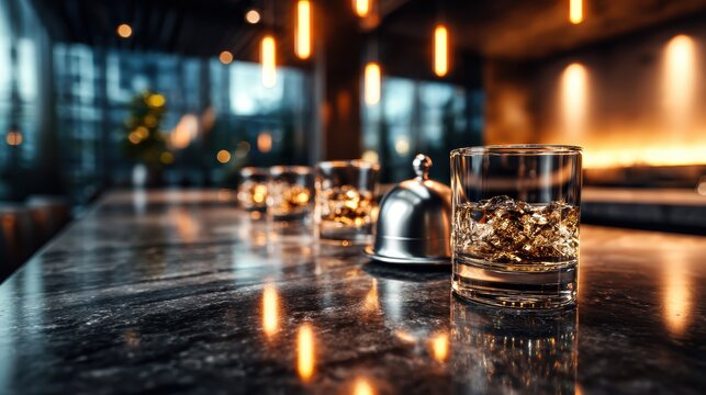 An elegant bar scene showcasing sparkling drinks and soft ambient lights, perfect for establishing a sophisticated atmosphere for social gatherings and celebrations.