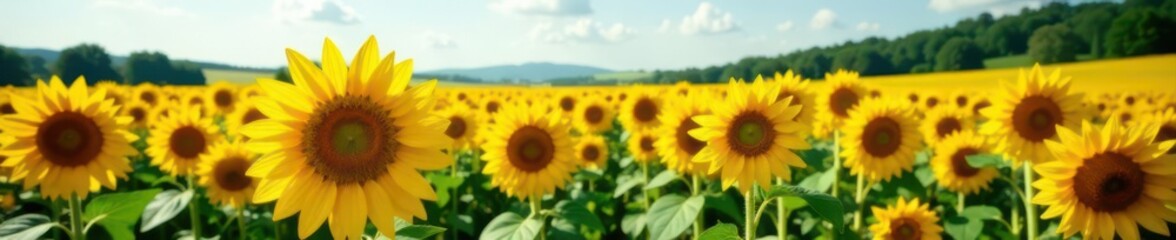Fototapeta premium Vast field of vibrant sunflowers in full bloom, garden, organic, background