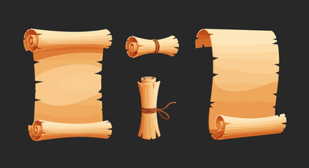Set of Cartoon Parchment Scrolls and Old Paper Rolls for Game UI, Fantasy Treasure Maps, and Ancient Documents on Dark Background © Sepon