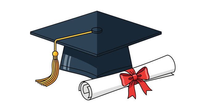 Graduation Cap and Diploma Vector Illustration with Gold Tassel and Red Ribbon - Academic Achievement and University Success Concept