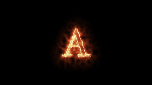Fiery letter A appearing with glowing effect and burning fiery animation on black background. Glowing neon A letter text animation.