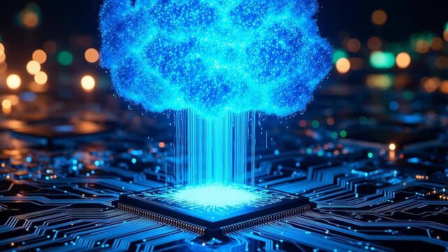 Blue glowing cloud on circuit board