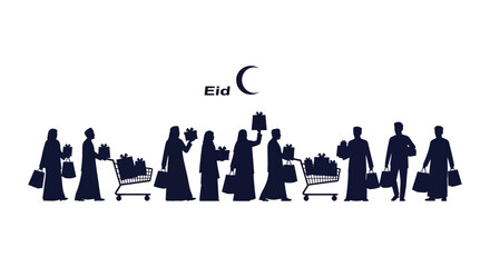 Eid shopping scene featuring people with shopping carts and bags depicted as a striking silhouette © njhasan