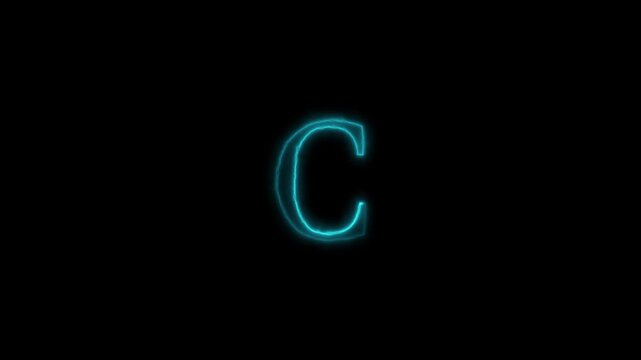 Glowing neon C letter text animation on black background. C capital alphabets neon animation. lowing neon alphabet letter C.
