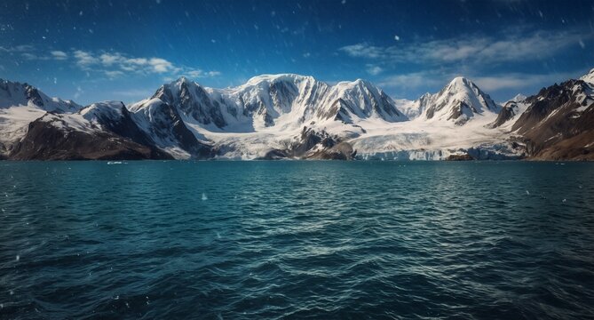 antarctic landscape with snow covered mountains and calm blue ocean water.