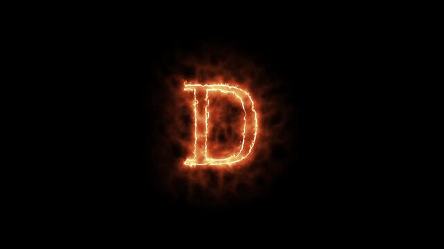 Fiery letter D appearing with glowing effect and burning fiery animation on black background. Glowing neon D letter text animation.