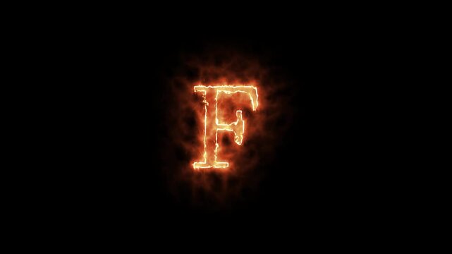 Fiery letter F appearing with glowing effect and burning fiery animation on black background. Glowing neon F letter text animation.